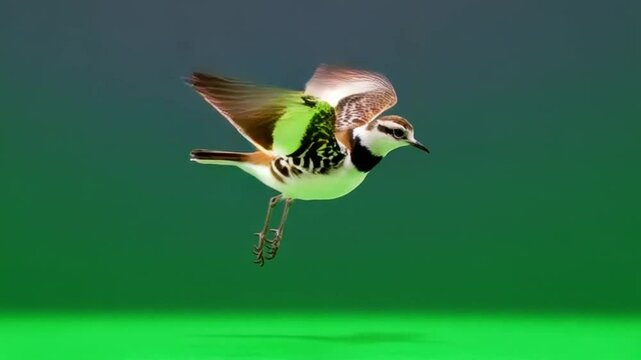A killdeer bird with wings spread flying against a green screen background in a studio shot green screen bird video