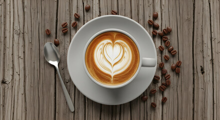 Latte art in heart shape with coffee beans