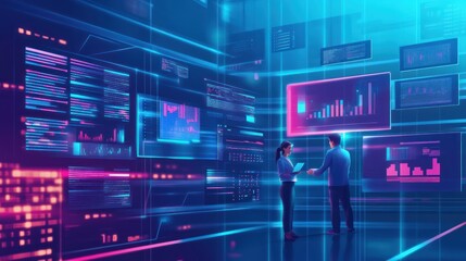 Futuristic Data Analysis Collaboration in a Neon-Lit Virtual Environment