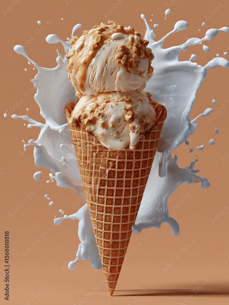 Aufkleber Delicious creamy vanilla ice cream scoops in a waffle cone with splashing milk and a warm brown background for dessert or summer treat imagery
