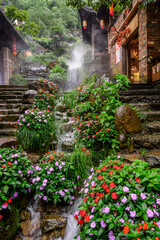 A tranquil scene featuring a stone stairway alongside a waterfall during rain at Huangling Village...