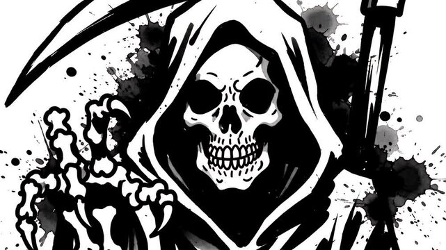 Graphic Depiction of Death with Skull and Scythe in Black and White Ink Style