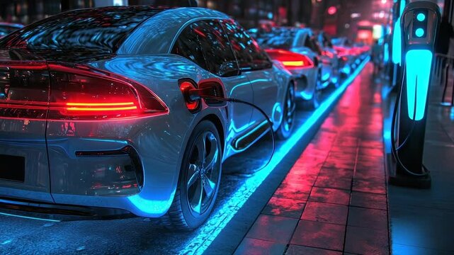 Electric vehicles charging at night in a city.  Rows of futuristic cars are lined up at charging stations. Vibrant neon lighting illuminates the scene