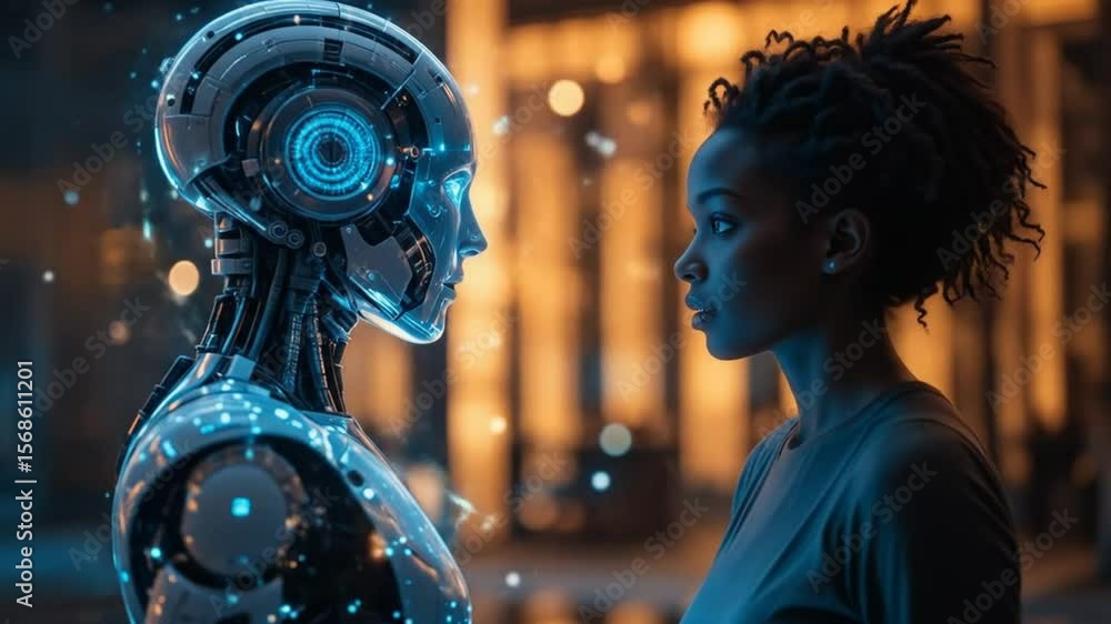 Poster ai humanoid hologram robot shares knowledge with human {female} during singularity symbolizing agent