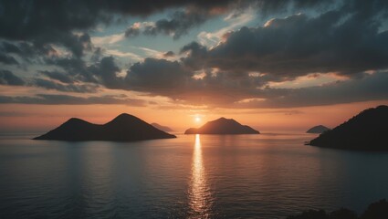 Sunset Silhouettes Islands and Sun Glitter Reflects Off The Water with Empty Copy Space for Text
