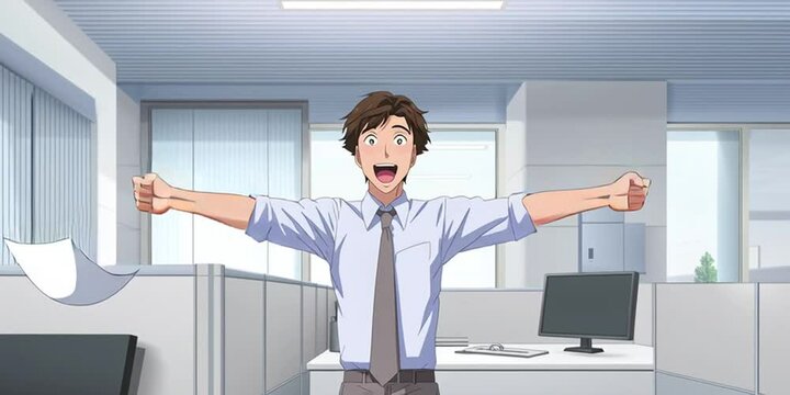 Anime employee celebrating while working in the corporate office