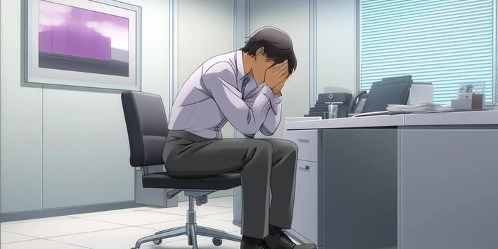 Anime employee Crying from sadness while working in the corporate office