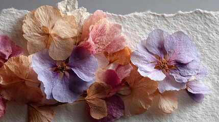 Delicate dried flowers arranged on textured paper background showcasing natural beauty and elegance