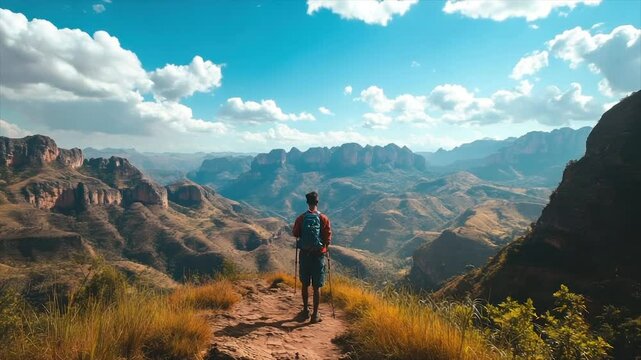 Hiker atop mountain ridge, vast valley panorama