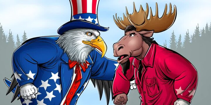 An american bald eagle faces off against a canadian moose