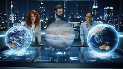 Professionals Gathered Around Blue Lit Holographic Earth and Jupiter Display With a Cityscape Background Showcasing AI - Powered by Adobe
