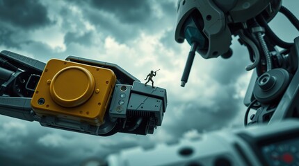 Tiny figure atop a colossal robot arm