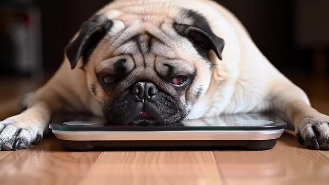 Sad Tan Pug Laying on Glass Scale Monitoring Weight and Facing Camera on Wooden Floor Pet Health Concept