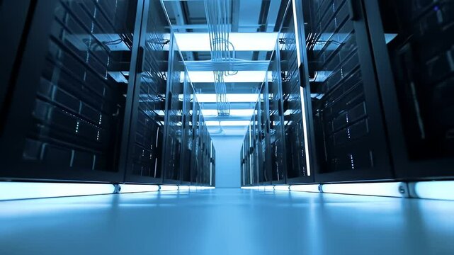 Server Room with Black Racks and Blue Ambient Light Reflecting off the Floor an Eye Level Shot Optimized for Adobe