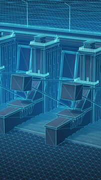 Futuristic 3D wireframe dam with vast reservoir and dynamic blue-yellow palette, ideal for sci-tech explainer or infrastructure visuals