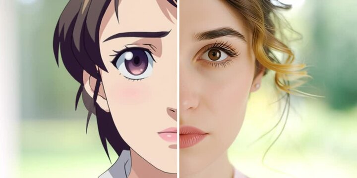 A woman's face in split screen with half anime half photorealism