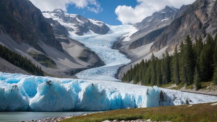 Alpine Glacier in a National Forest with snow-capped mountains and blue icebergs along the glacier.