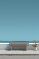 Serene Seaside Scene with Empty Wooden Bench and Potted Plant on White Wall Cheerful Coastal Promenade under Clear Blue Sky