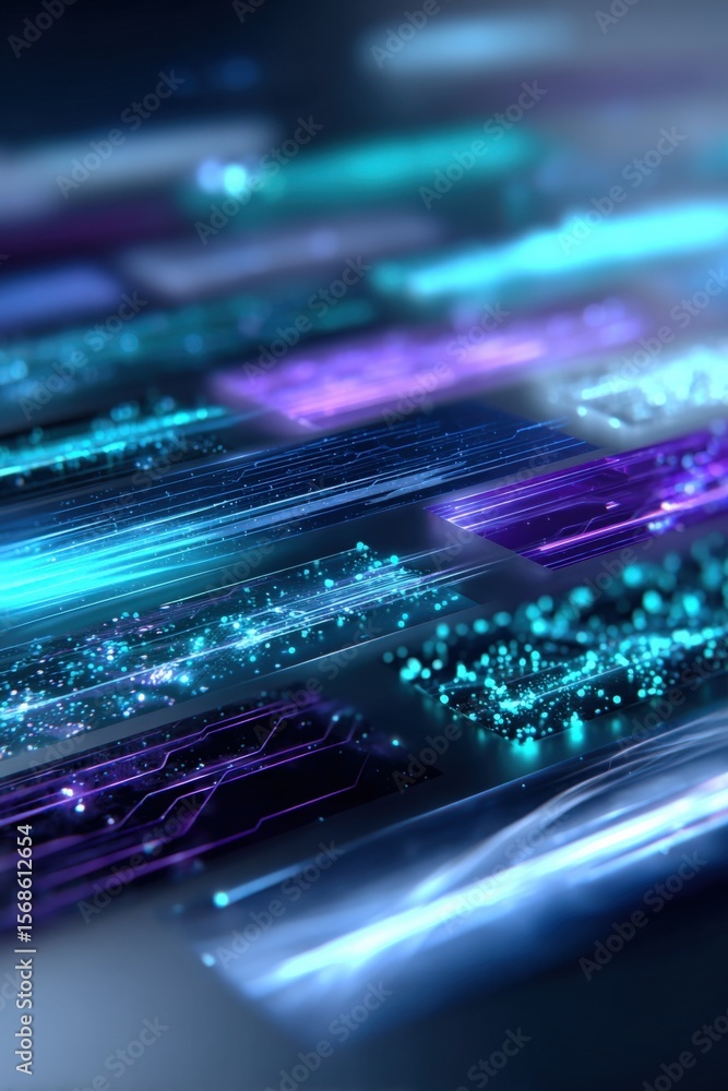 Poster Abstract Digital Technology Background with Glowing Lines and Particles in Blue Purple and Green Color Palette for Futuristic Design