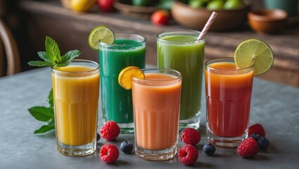 Four kinds of juice of fresh colorful stands on a table