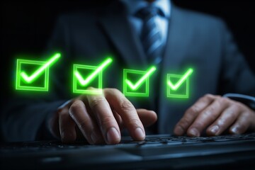 Business professional completing tasks on a dark keyboard with green check marks indicating progress in an office setting