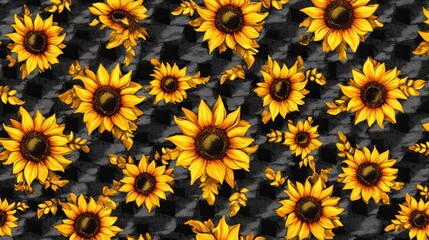 Yellow sunflowers on a dark gray checkered background