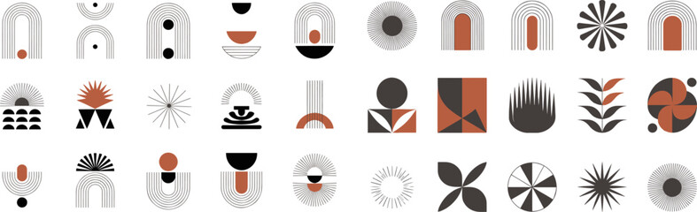 Abstract minimal element mid century vector set. Aesthetic contemporary stripe line art, geometric shape in monochrome. 