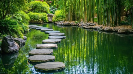 Serene stone path across tranquil pond in lush garden