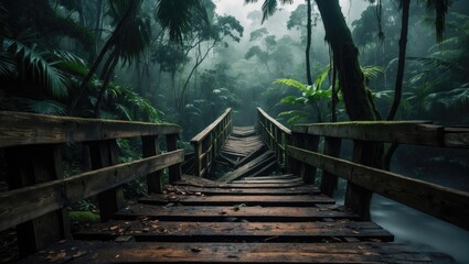 Broken Wooden Bridge in the Rainforest with lush greenery and mist, showcasing an old, weathered structure amidst dense tropical vegetation.