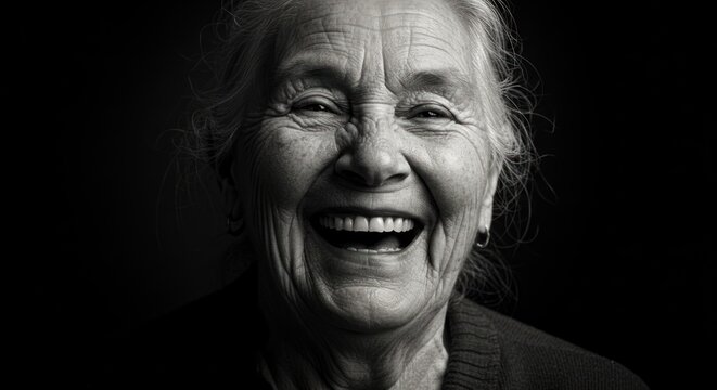 Black and white expressive portrait captures the unreserved joy of an elderly woman