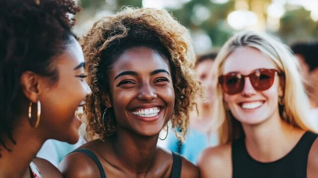 Three diverse women laughing, enjoying a social gathering outdoors.  Close-up view of joyful expressions and connection