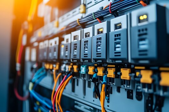 Modern Electrical Panel with Circuit Breakers and Colorful Cables in Close-Up
