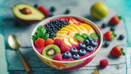 Selective focus of colorful acai bowl with fresh fruits and berries, with empty copy space for text