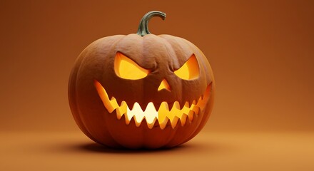 Halloween pumpkin cut out with scary face, featured on solid plain background, soft lighting, realistic style.