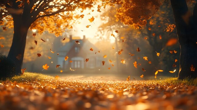 A serene autumn scene with golden foliage and a leaf-strewn path leading to a distant house. Soft sunlight filters through the trees, enhancing the peaceful weather theme. - Powered by Adobe