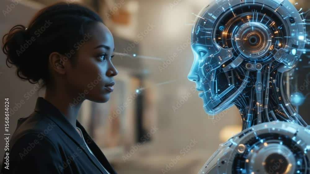 Aufkleber ai humanoid hologram robot shares knowledge with human {female} during singularity symbolizing agent