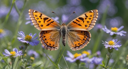Obraz premium Fluttering Grace Exploring The Meadow Brown Butterfly - Butterfly, with Empty Copy Space For Text
