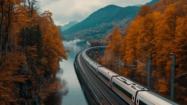 Autumnal train journey through a scenic valley. A high-speed train winds its way through a picturesque landscape, bordered by vibrant autumn foliage and a calm river.  Misty mountains frame the scene