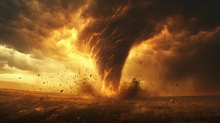 A powerful tornado tears across the landscape, an example of raw natural force. Ominous clouds and swirling debris underscore the Weather Theme and impending danger.