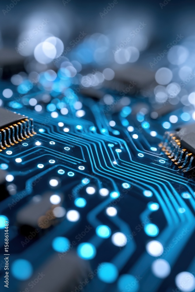 Poster close up of a high-tech printed circuit board with glowing electronic components and intricate pathw