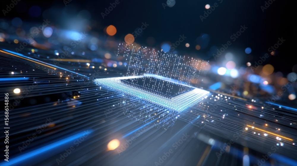 Leinwandbilder Abstract digital technology and data processing concept with glowing illuminated rectangular chip and fiber optic lines in dark background