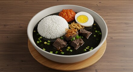Overhead view of a bowl of rawon Surabaya with black broth, beef chunks, sambal, salted egg, and rice, elegant composition