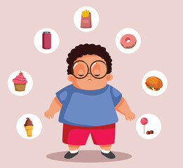 Unhappy Overweight Child Suffering from Eating Unhealthy vector Illustration. Sad stressed kid suffering from childhood obesity problems
