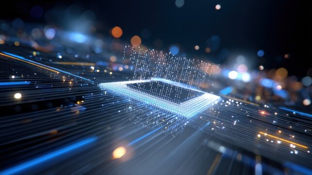 Abstract digital technology and data processing concept with glowing illuminated rectangular chip and fiber optic lines in dark background