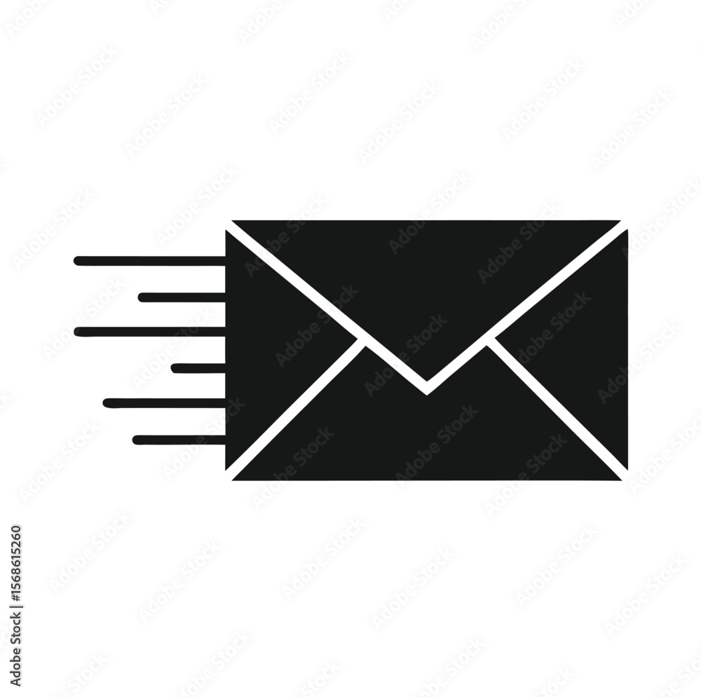 Poster black silhouette of a fast moving envelope icon with motion lines symbolizing speed and delivery
