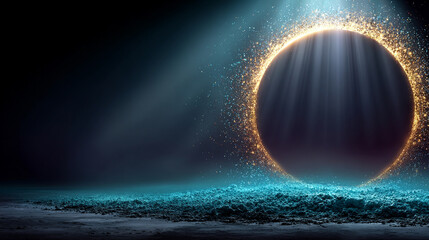 Futuristic holographic user interface with glowing teal rings, dynamic particles, and digital light elements. Sci-fi-inspired visual effect with depth and motion. Caption space on the side.

