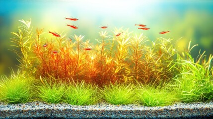 Aquarium planted with vibrant red and green aquatic plants, small fish