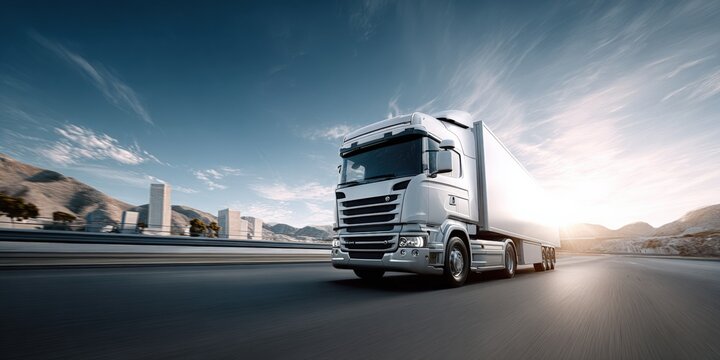 Heavyweight Modern Freight Truck Driving on Open Highway at Sunset with Clear Sky and Mountain Background for Logistics Transportation and Cargo Delivery