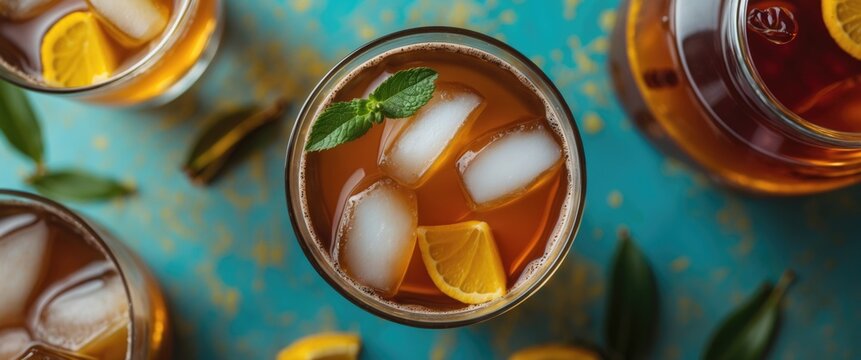 A refreshing iced tea with lemon slices and mint leaves, accompanied by other beverages on a vibrant blue background.