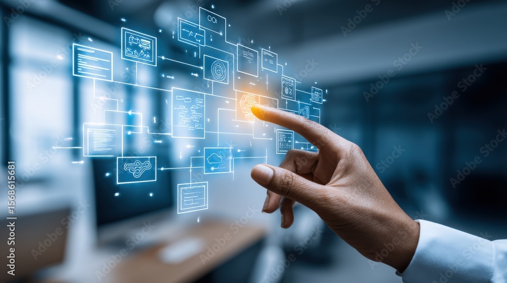 Aufkleber Futuristic hand interacting with holographic digital icons and interfaces in a high-tech modern office environment for technology and innovation concepts